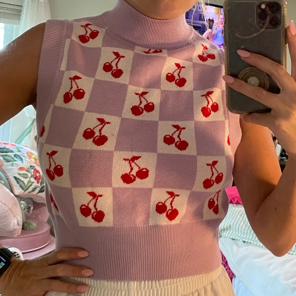 Forever 21 Checkered Cherry Mock Neck Sweater Vest